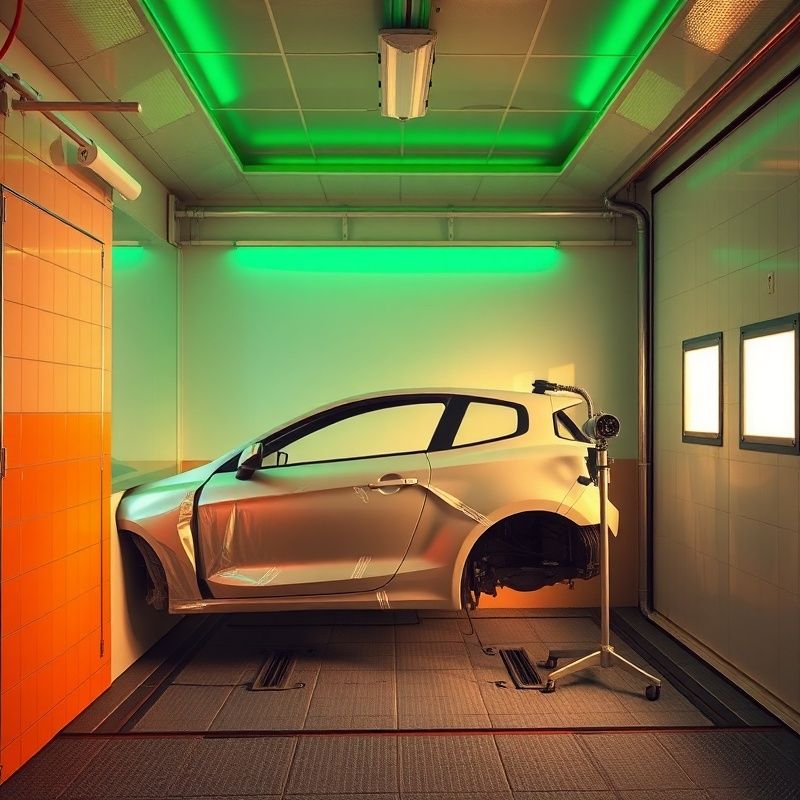 Interior view of the enclosed bodywork bay with a car panel in mid-repair, masking tape and spray equipment in place
