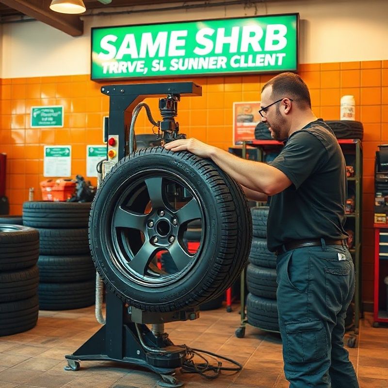 A technician mounts a summer tyre onto an alloy wheel using a tyre-fitting machine in the Healthbridgev workshop