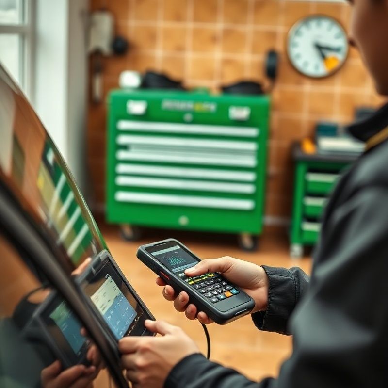 A diagnostic scanner connected to a car's OBD port while a technician reviews live data on a tablet