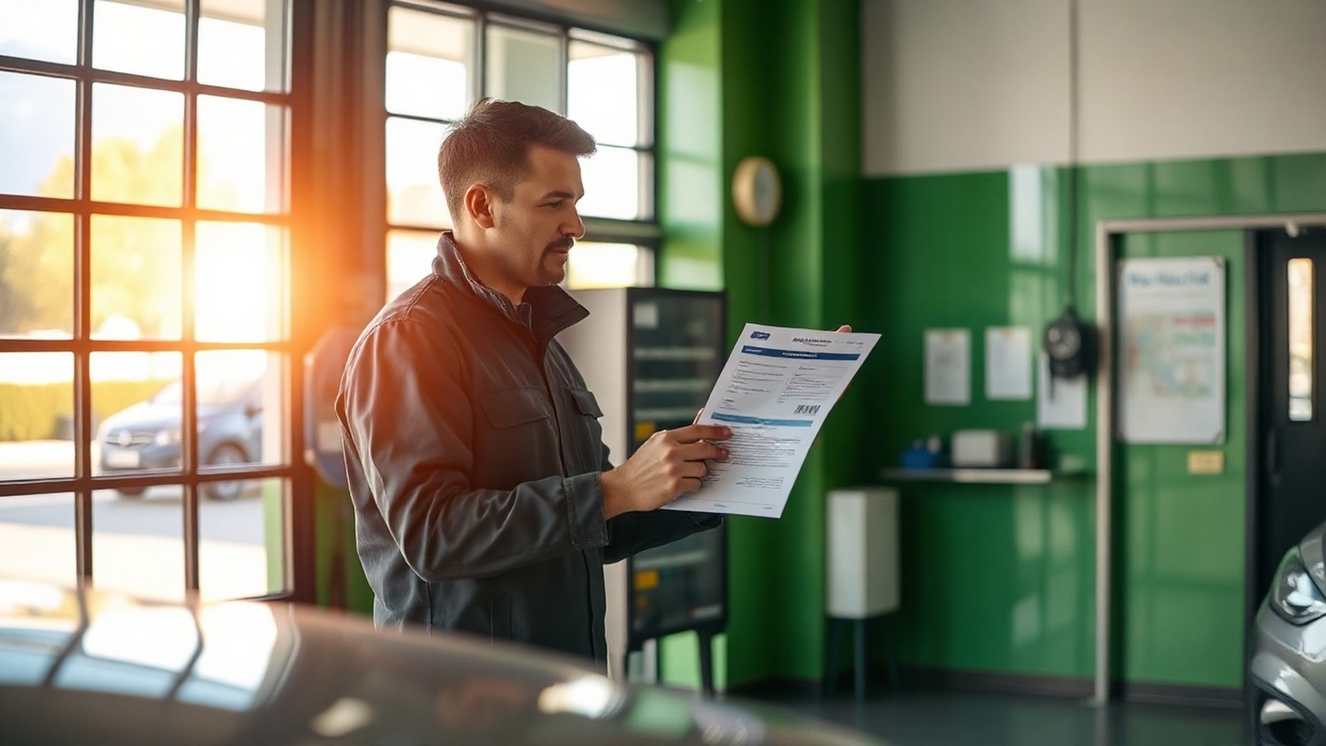 A Healthbridgev technician hands a printed warranty document to a customer inside the Valencia workshop