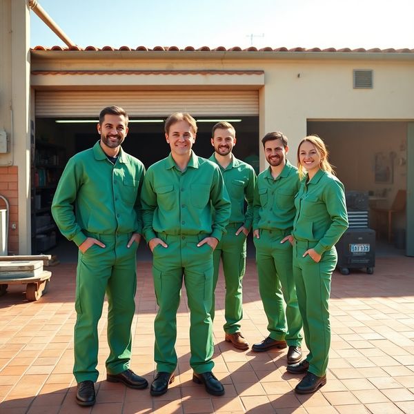 The Healthbridgev technicians in emerald-green uniforms outside their Valencia workshop