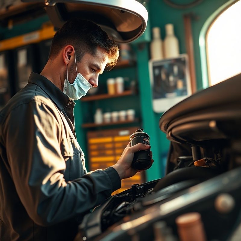 A technician replacing an engine oil filter on a modern diesel car in a Valencia workshop bay